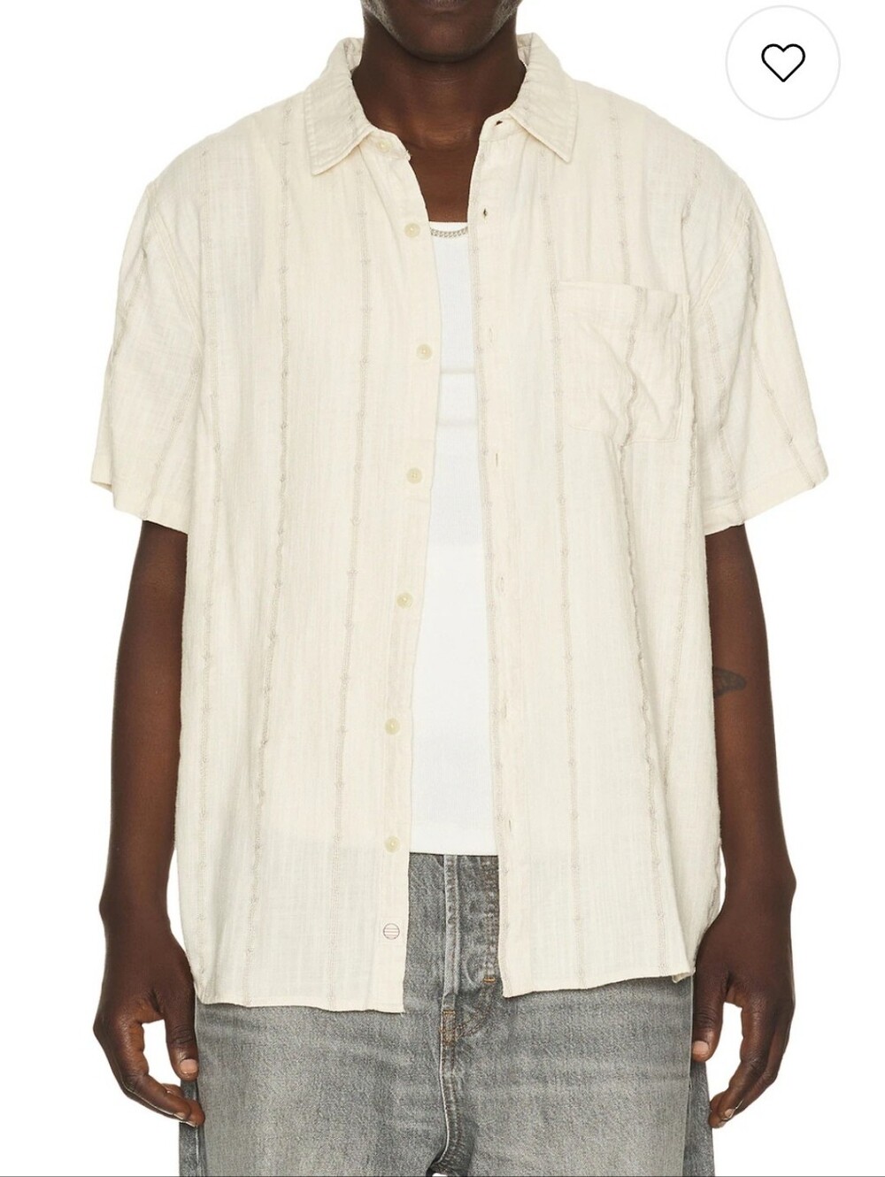 Marine Layer Classic Stretch Selvage  Button-Up Shirt in Cream Embroidery